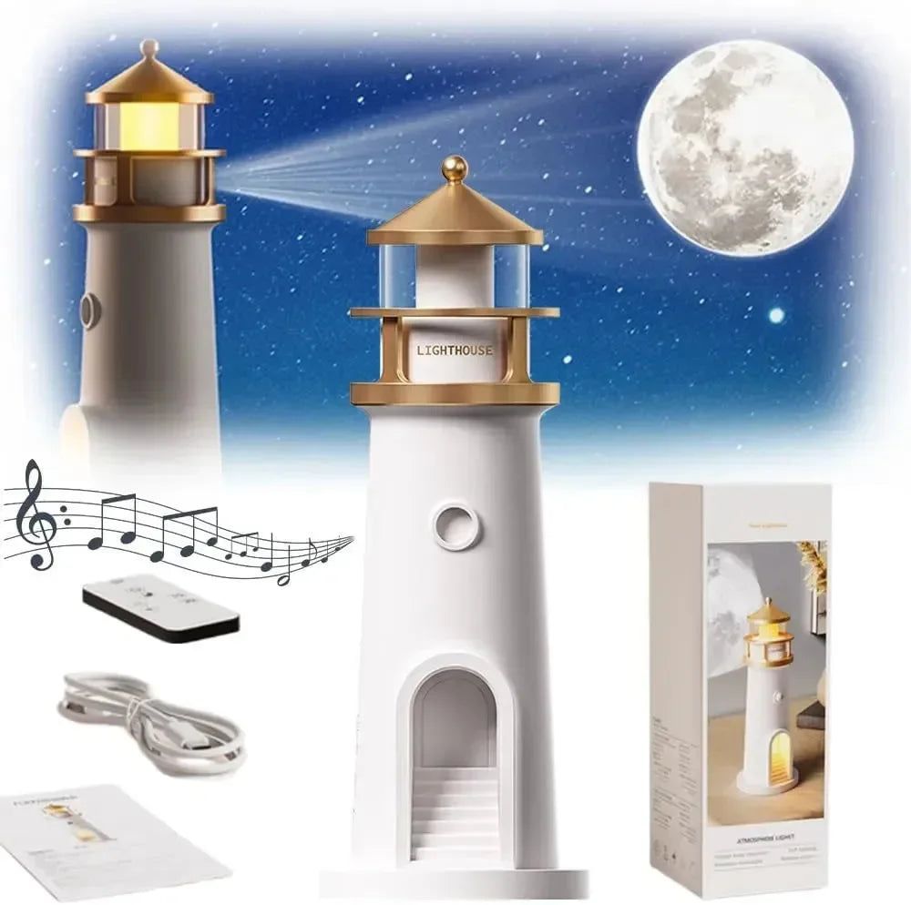 چراغ خواب طرح فانوس دریایی Moonlit Beacon شارژی با پروژکتور ماه 360 درجه و ریموت دار